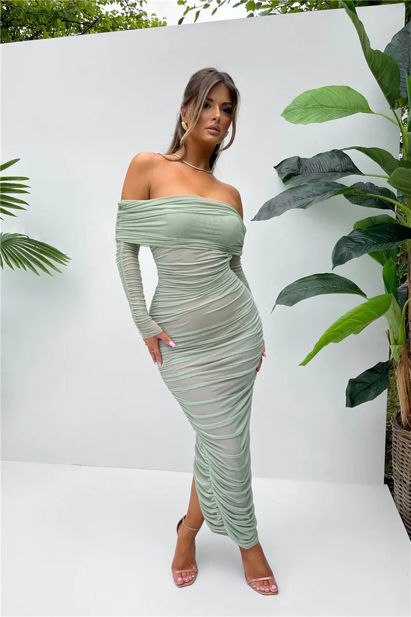 Off Shoulder Slash Neck Solid Maxi Dress