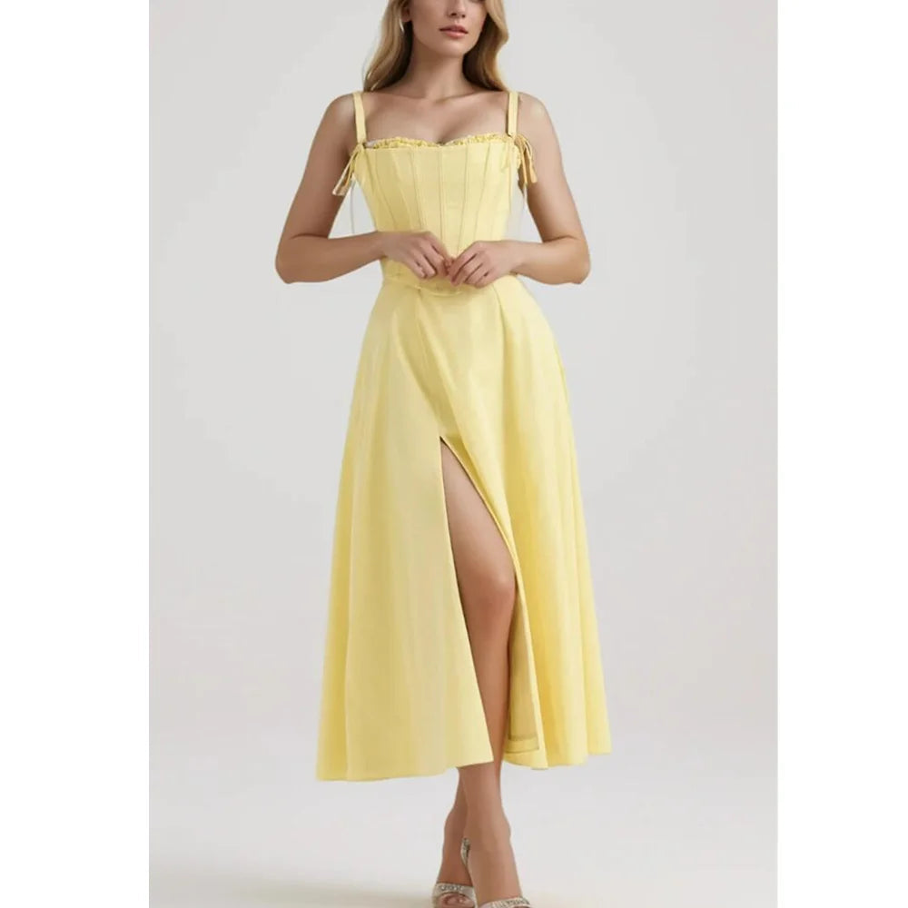 Yellow Slit Cross Laced Top Midi Dress