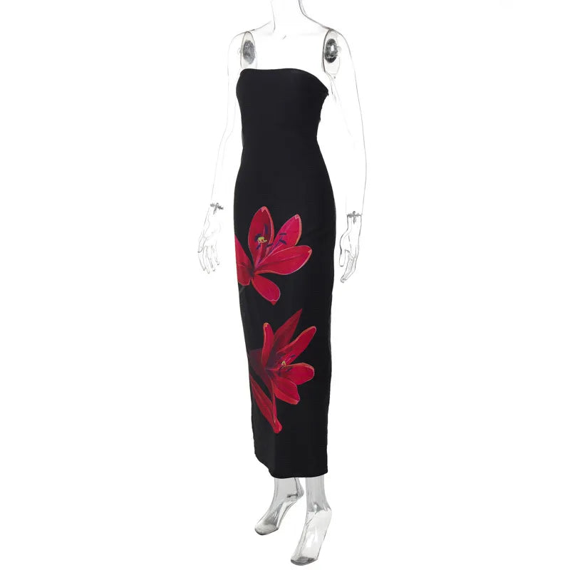 Black Tube Flower Back Tie Maxi Dress