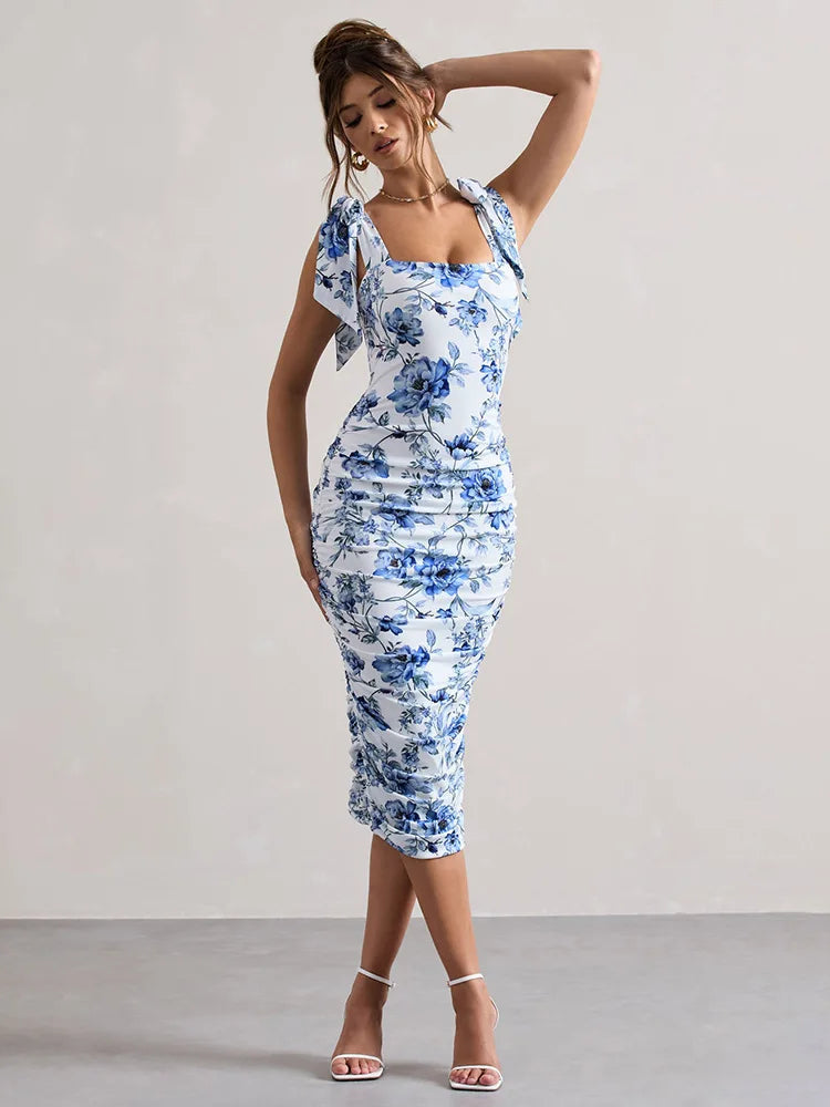 Floral Square Neck Vintage Midi Dress