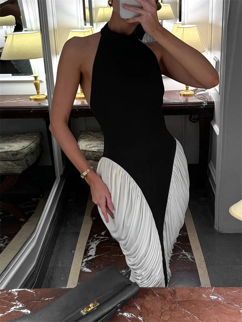 Patchwork Halter Pleated Contrast Midi Dress