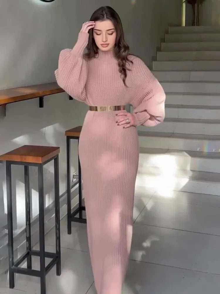 Turtleneck Pullover Belted Solid Party Dress