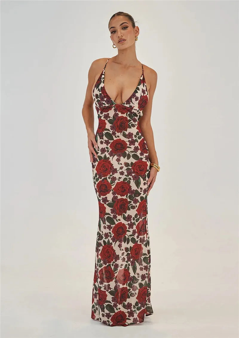 Red Floral Cowl Neck Tie Back Maxi Dress