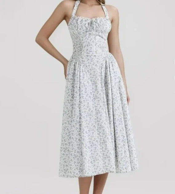 Floral Bow Halter Lace Up Midi Dress