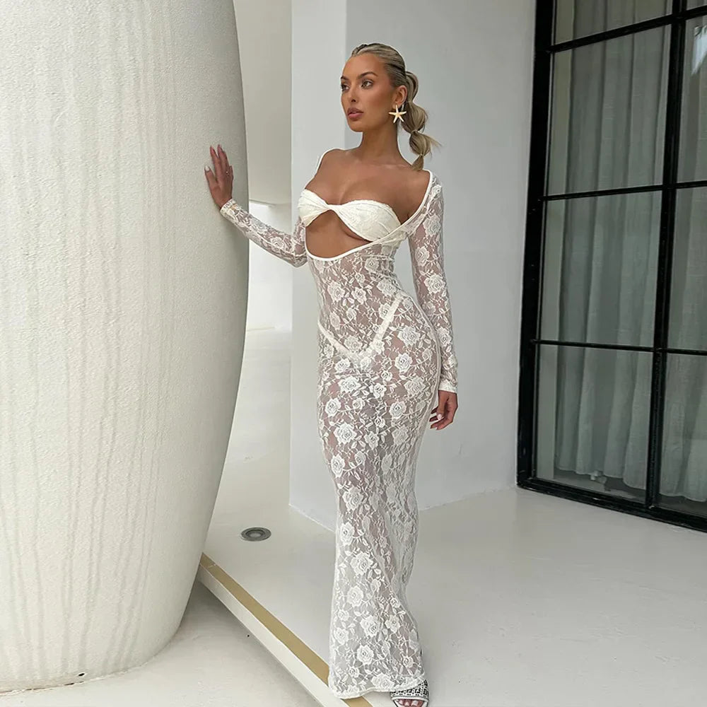 Lace Hollow Out Bodycon Perspective Maxi Dress