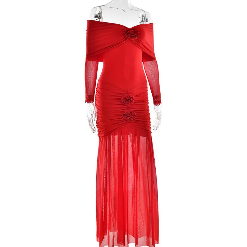 3D Flower Mesh Long Sleeve Fishtail Maxi Dress