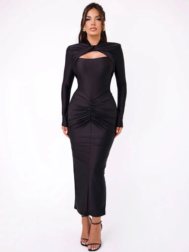 Long Sleeve Pleated Hollow Maxi Dress