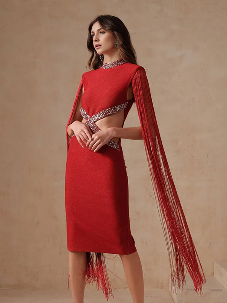 Fringe Tassel Sequin Party Midi Dress