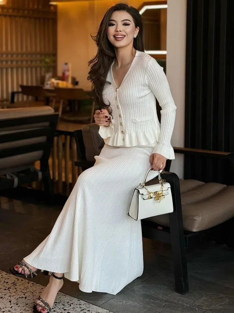 Ruffle Knit Long Sleeve Mermaid Midi Dress
