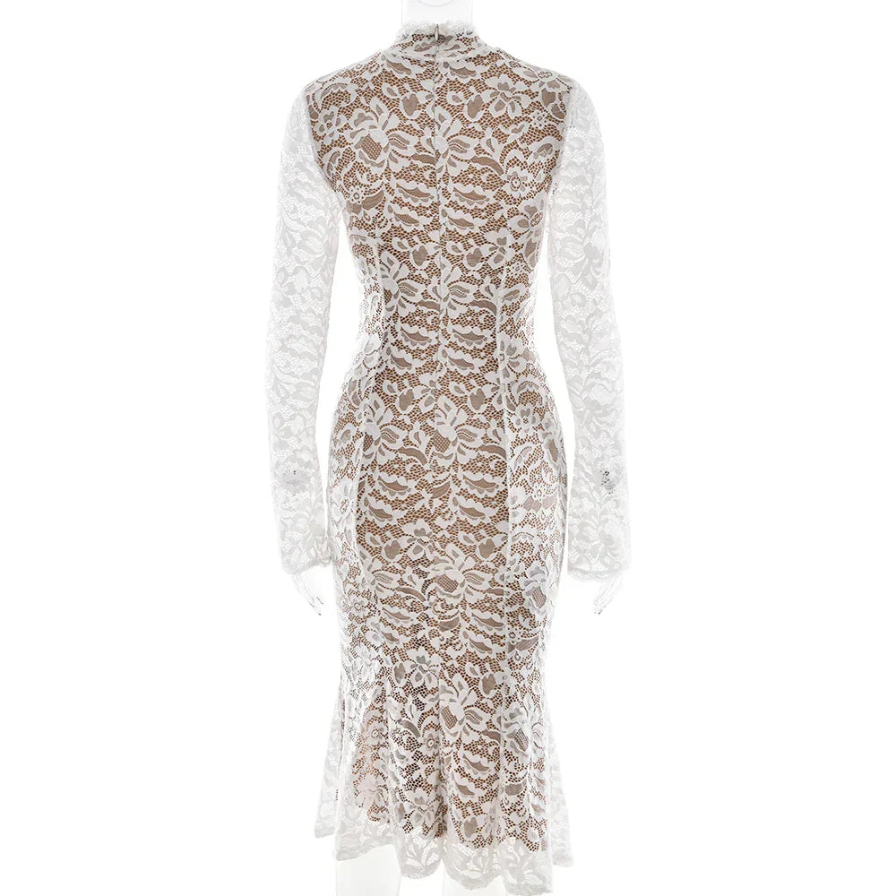 Lace White Long Sleeve Turtleneck Party Dress