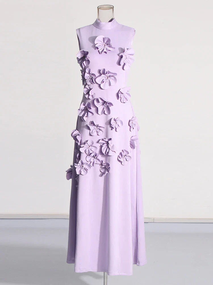 3D Flower Applique Mock Neck Midi Dress