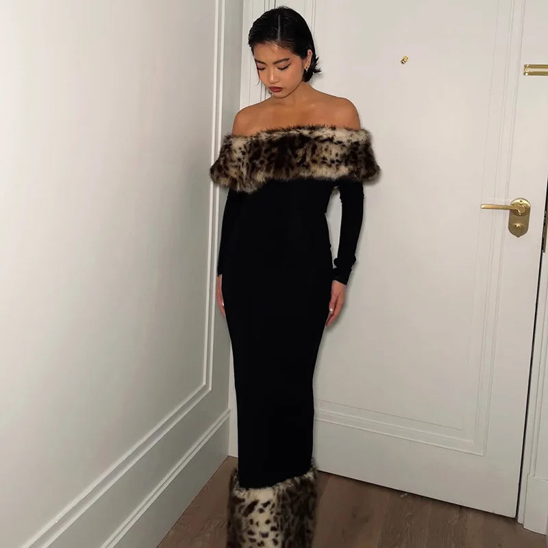 Leopard Print Fluff Spliced Maxi Dress