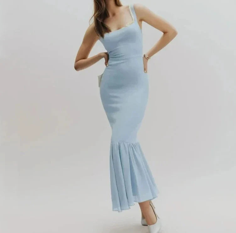 Light Blue Spliced Ruffle Hem Midi Dress