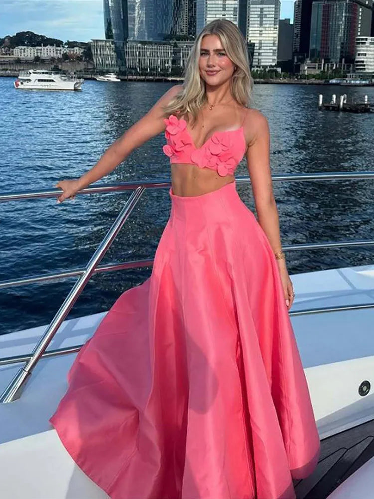 3D Flower Sling Crop Top A-Line Skirt Party Dress