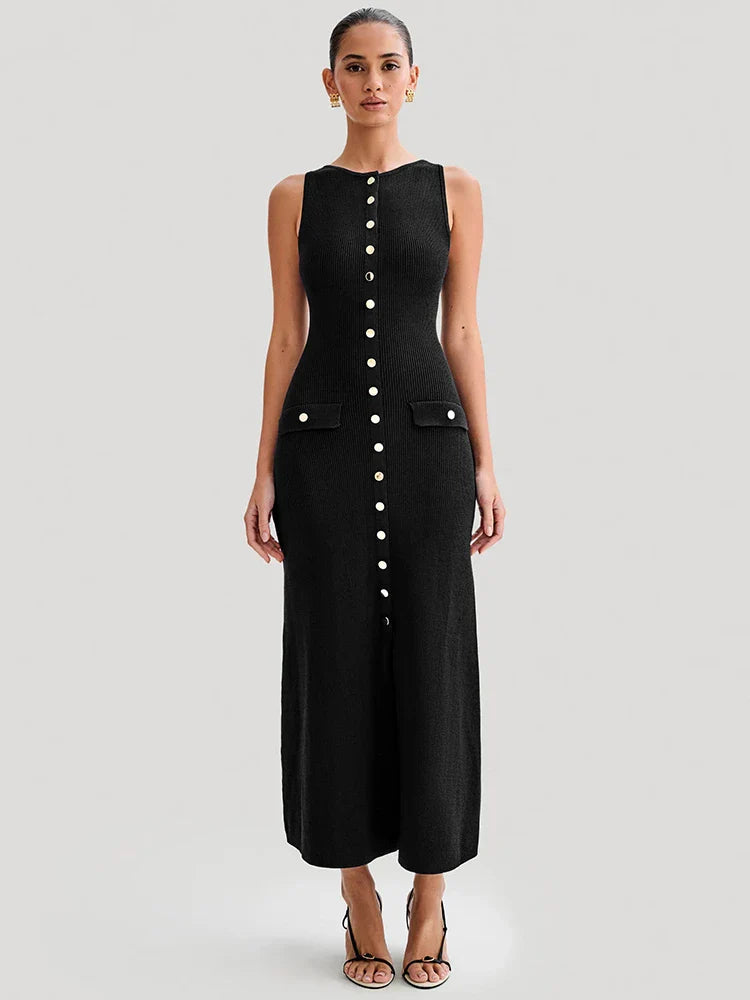 Knit Maxi Dress with Pockets Button Front