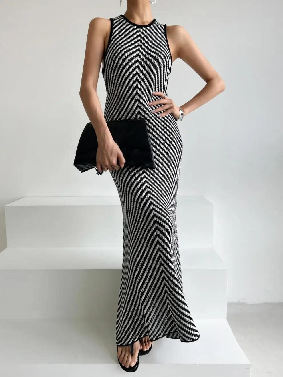 Striped Ribbed Casual Midi Dress