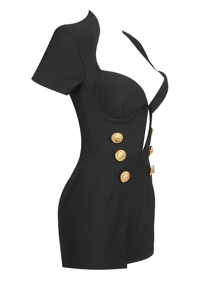 Short Sleeve Gold Button Black Jumpsuit Party Dress
