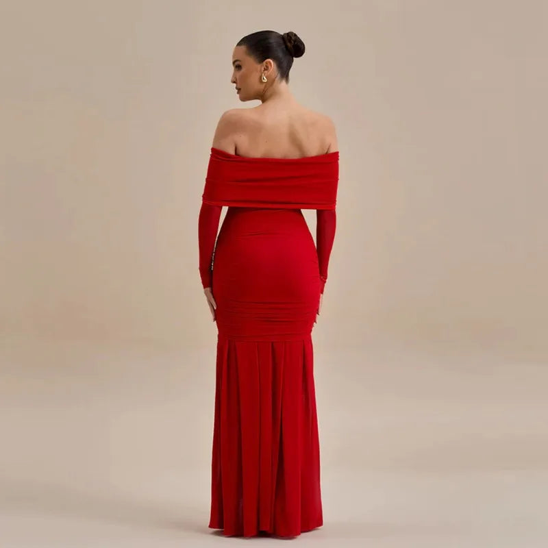 3D Flower Mesh Long Sleeve Fishtail Maxi Dress