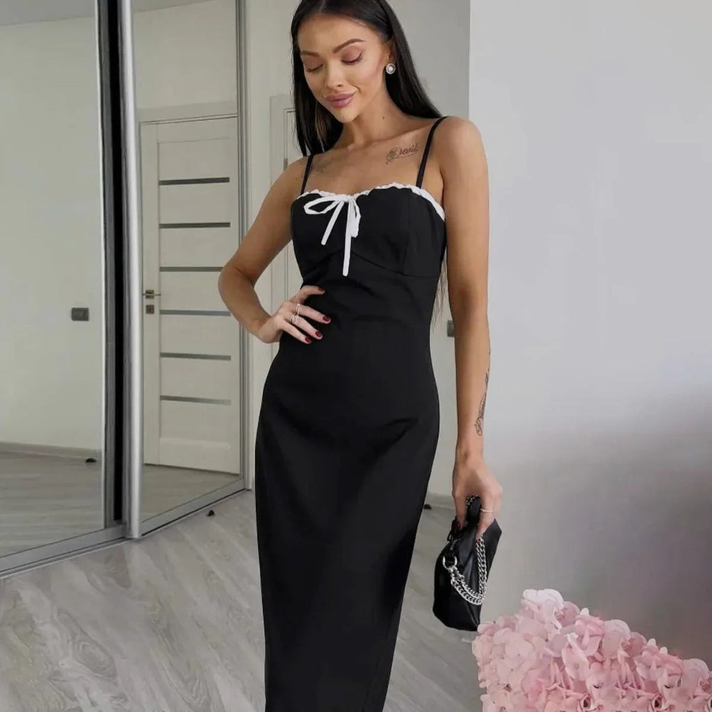 Open Back Lace Patchwork Black Strap Maxi Dress
