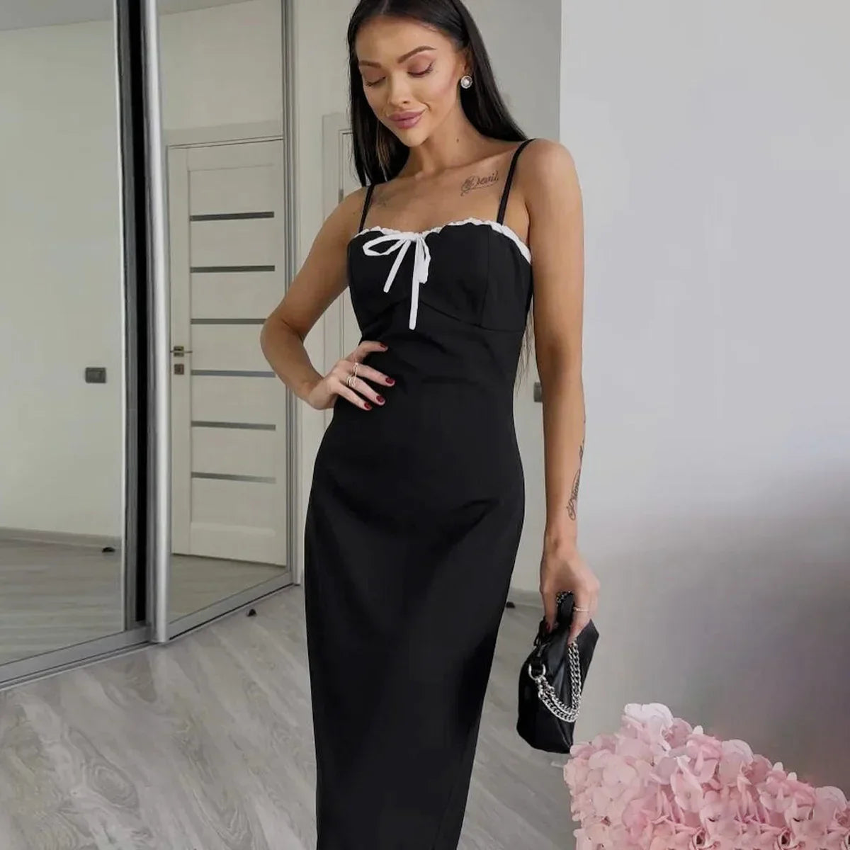 Open Back Lace Patchwork Black Strap Maxi Dress