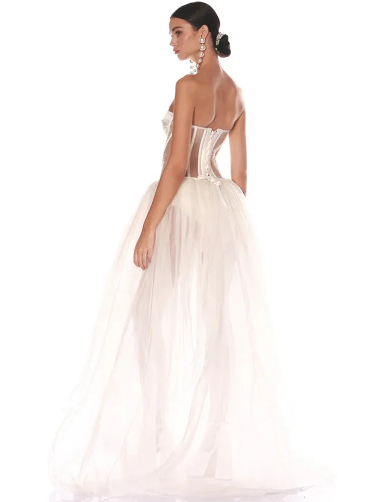 Strapless Mesh White A-Line Maxi Dress