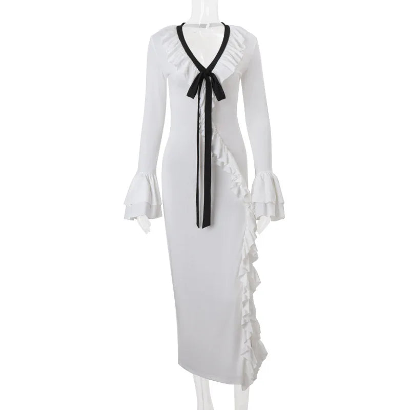Long Sleeve Ruffled Slit Chic Maxi Dress