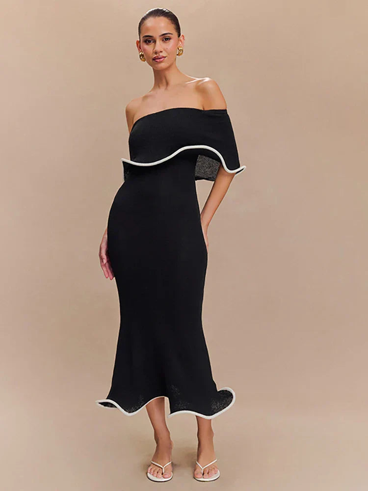 Strapless Ruffled Black Party Midi Dress
