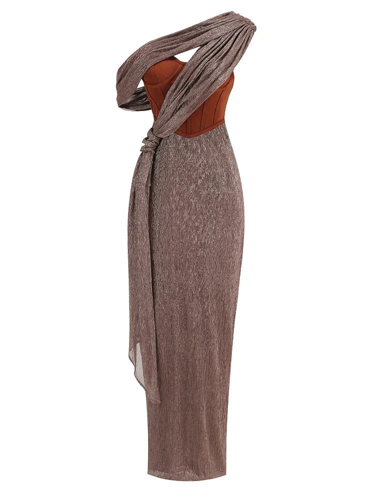 One Shoulder Draped Glitter Brown Maxi Dress
