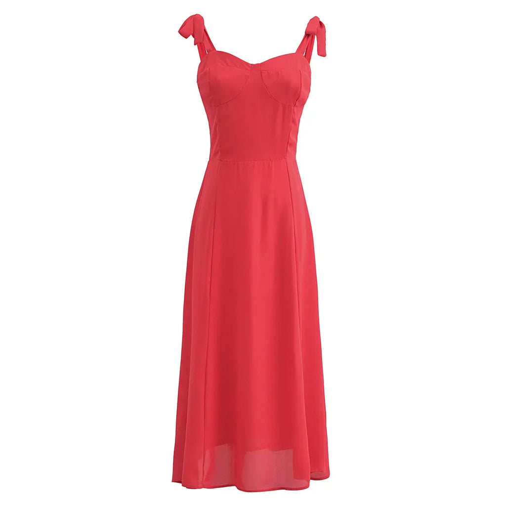 Red Bow Strap Elegant Tie Midi Dress
