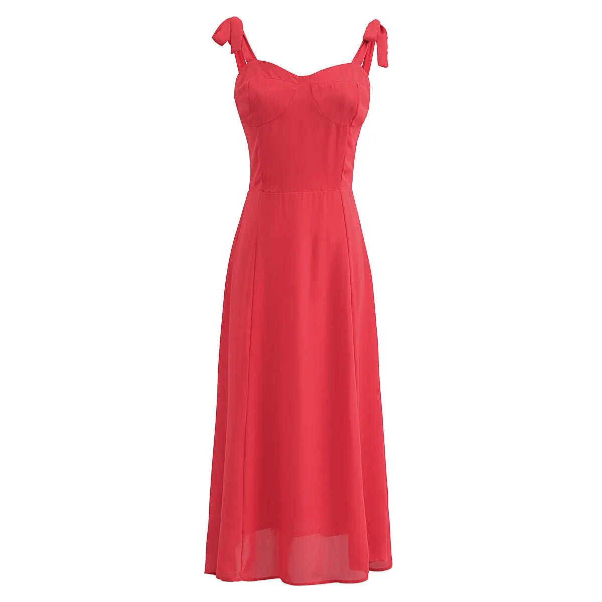 Red Bow Strap Elegant Tie Midi Dress