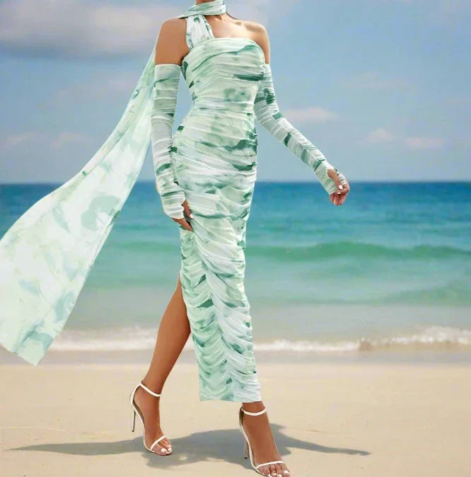 Halter Open Shoulder Printed Lace Midi Dress