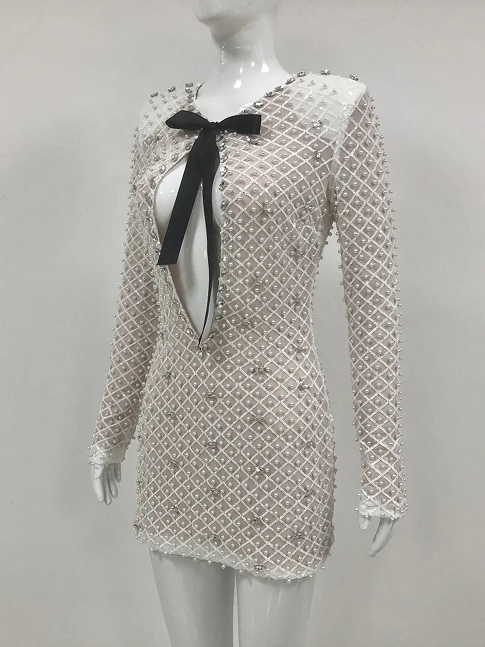 Pearl Sequin Long Sleeve Party Mini Dress