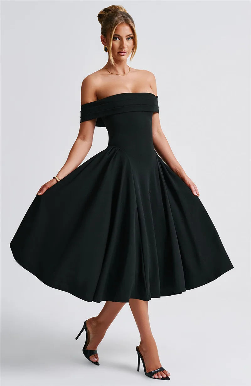 Off Shoulder Flared Elegant Midi Dress