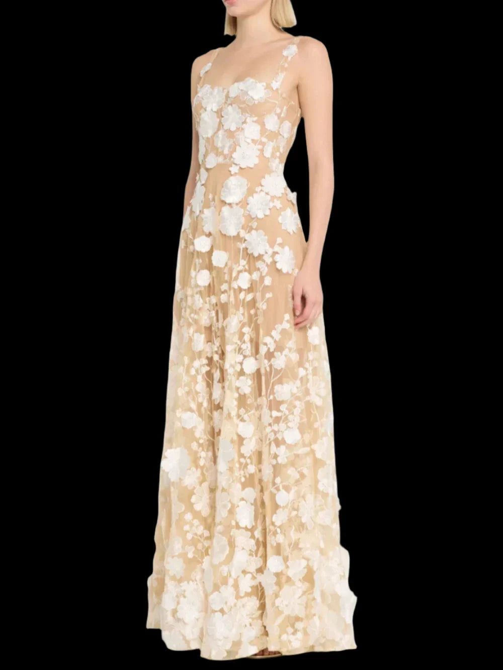 Floral Embroidered Mesh Maxi Party Dress