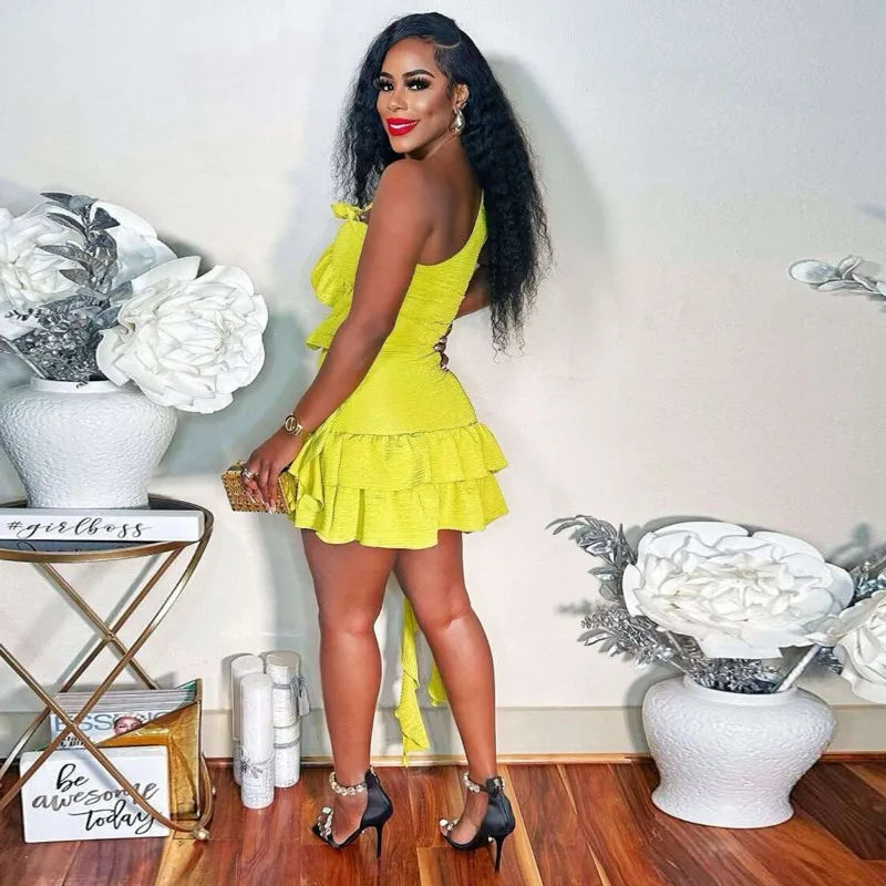 Ruffled Ribbon One Shoulder Crop Mini Dress