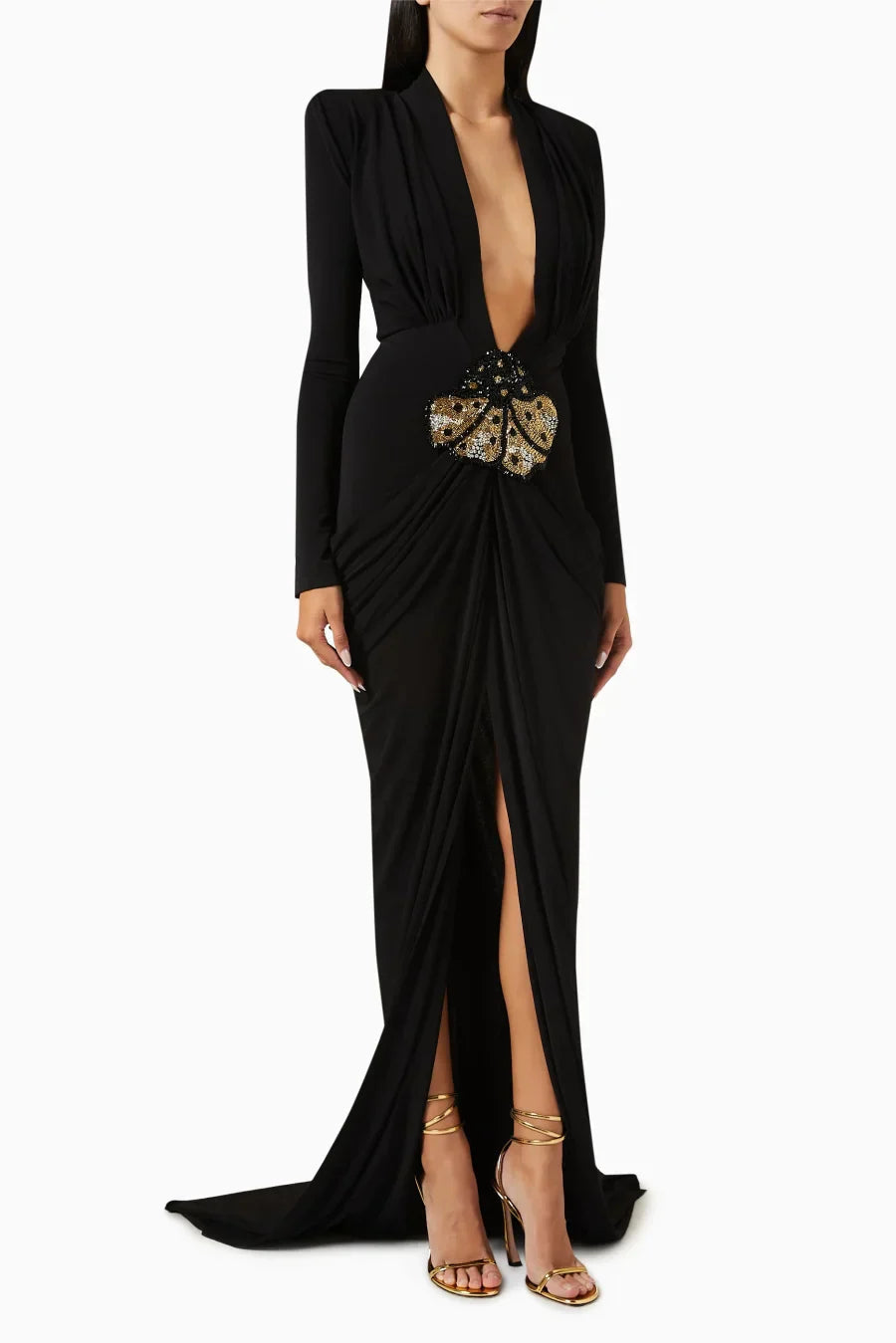 Deep V Neck Long Sleeve Black Party Maxi Dress