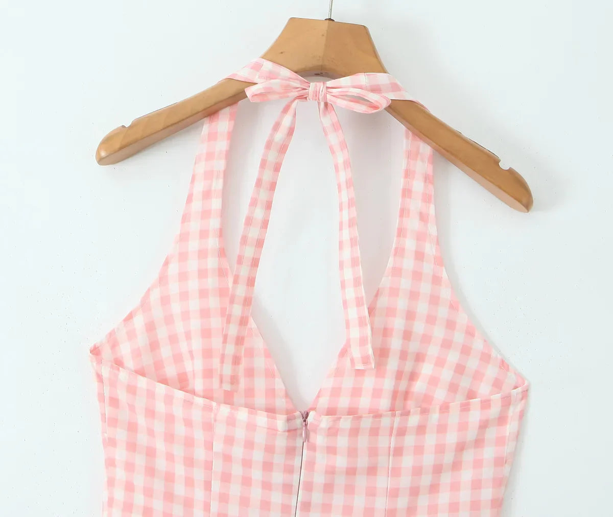 Pink White Plaid Bow Halter Midi Dress