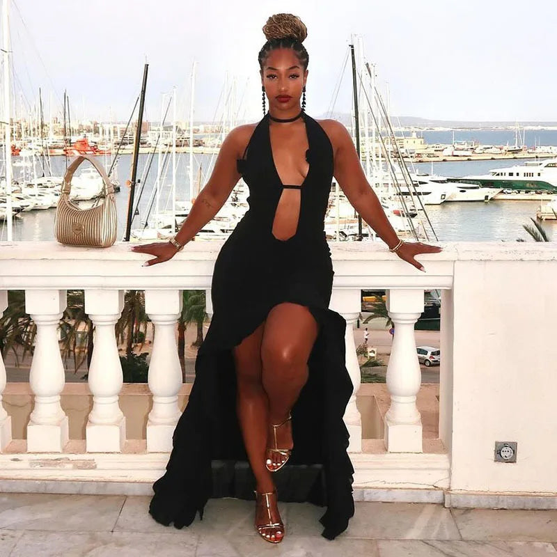 Black Deep Neck Open Back Ruffled Maxi Dress