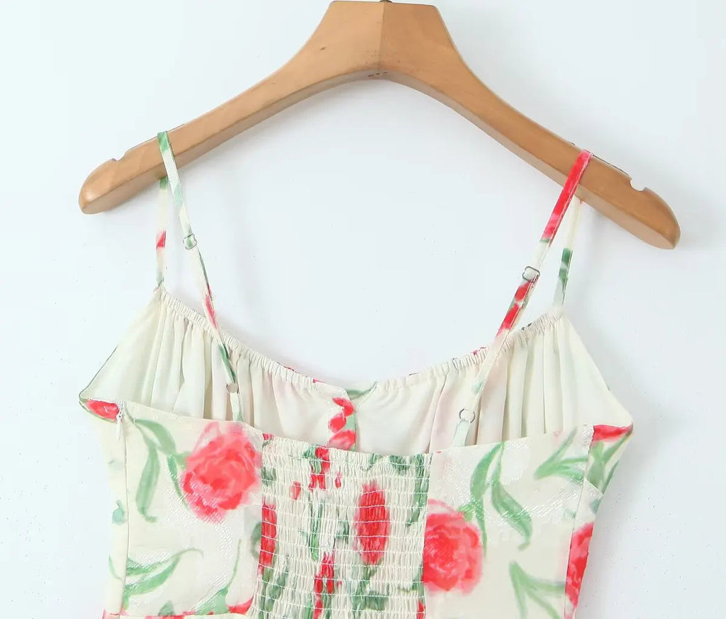 Floral Buttoned Elastic Waist Midi Dress