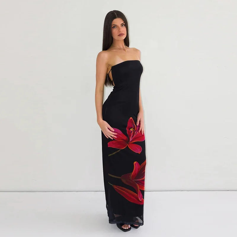 Black Tube Flower Back Tie Maxi Dress