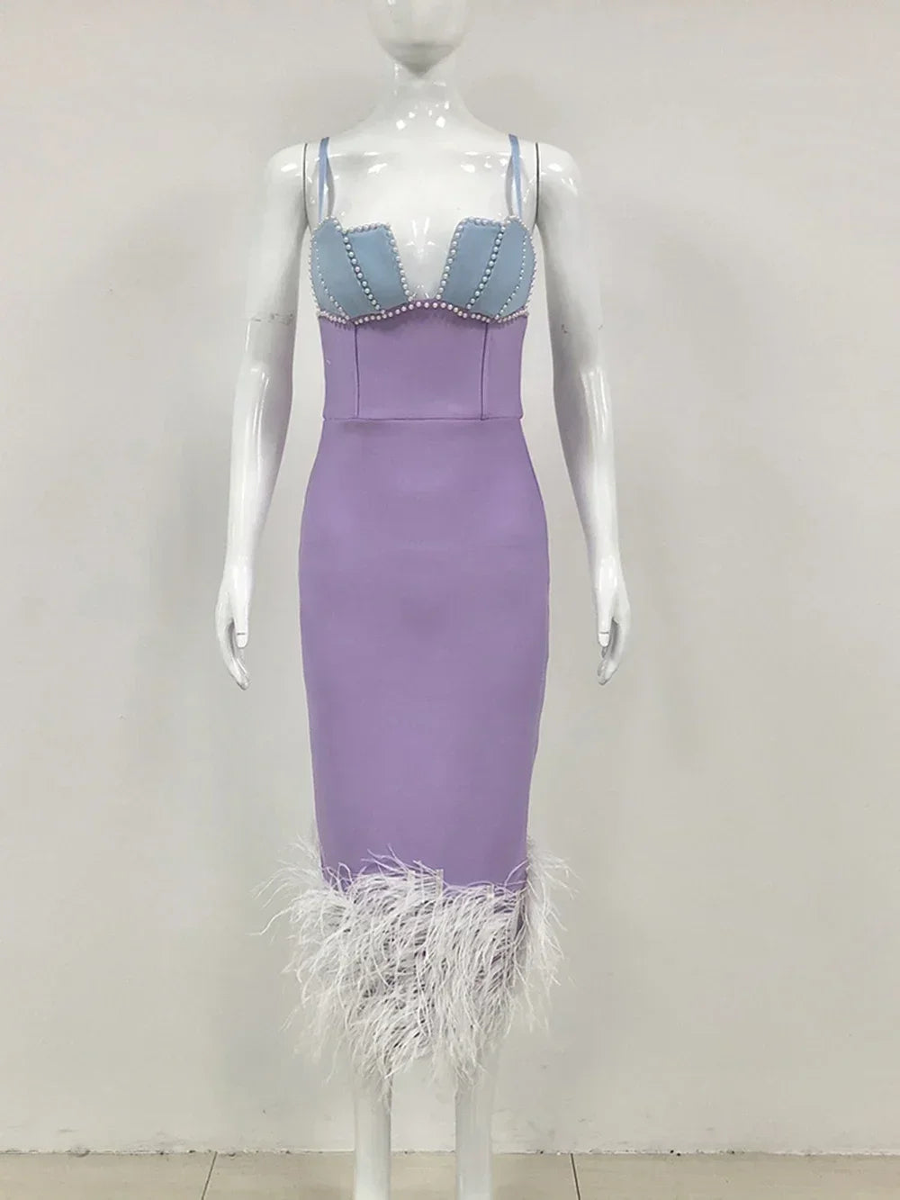 Feather & Bead Cocktail Spaghetti Strap Party Dress