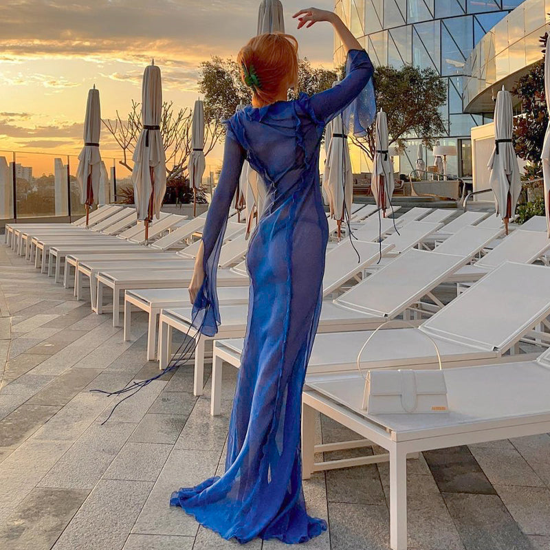 V-Neck Sheer Ruffled Drawstring Maxi Dress