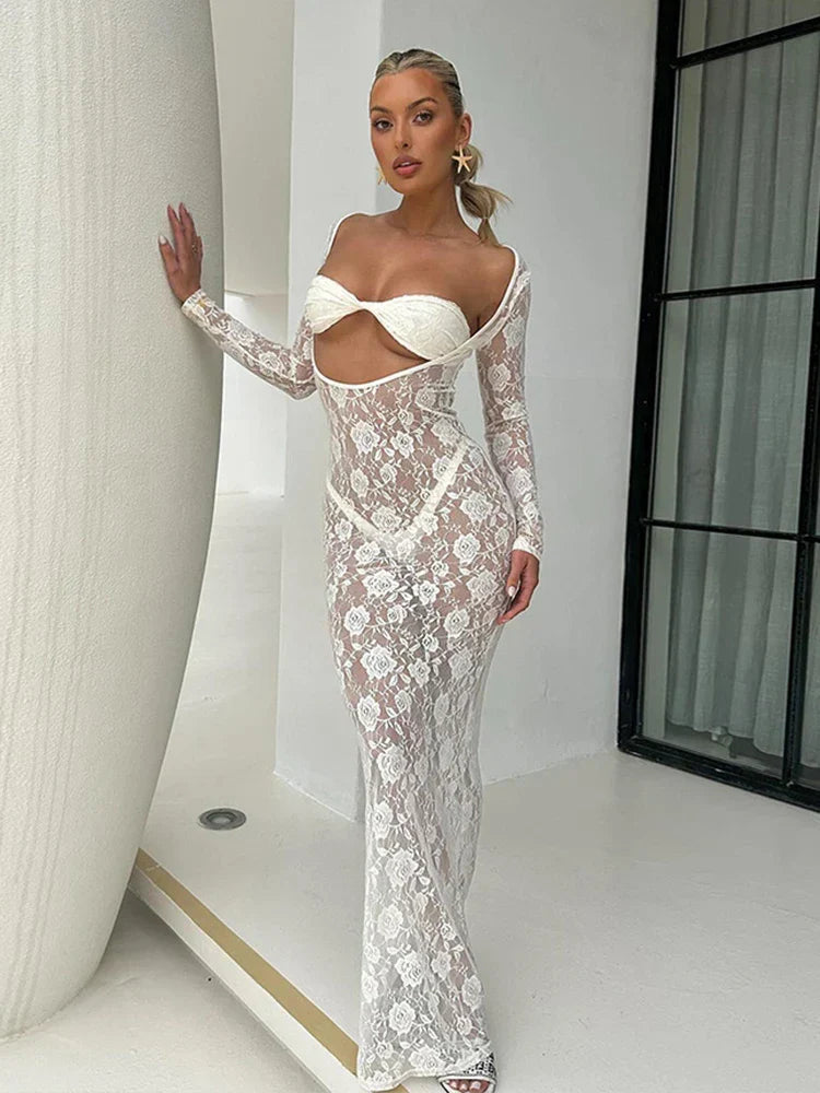 Lace Hollow Out Bodycon Perspective Maxi Dress