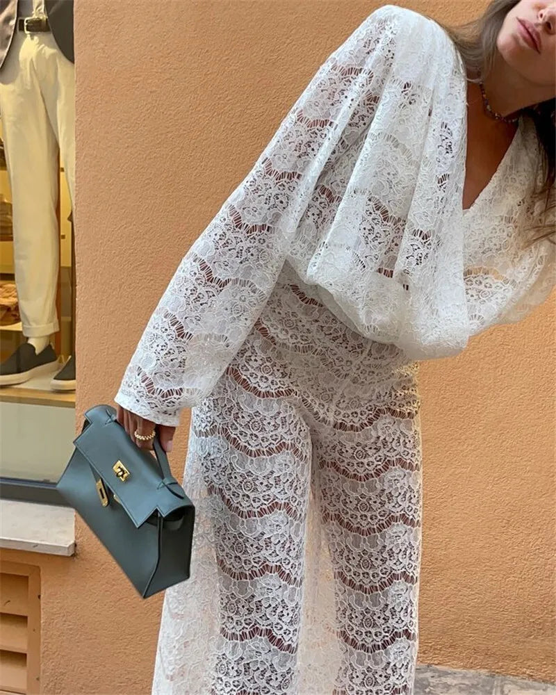 White Lace Two-Piece Loose Pants Party Dress