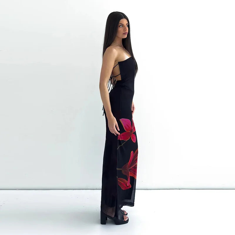 Black Tube Flower Back Tie Maxi Dress