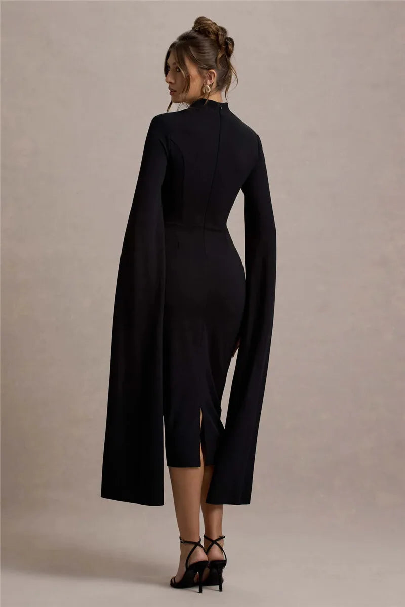 Cape Sleeve Square Neck Elegant Midi Dress