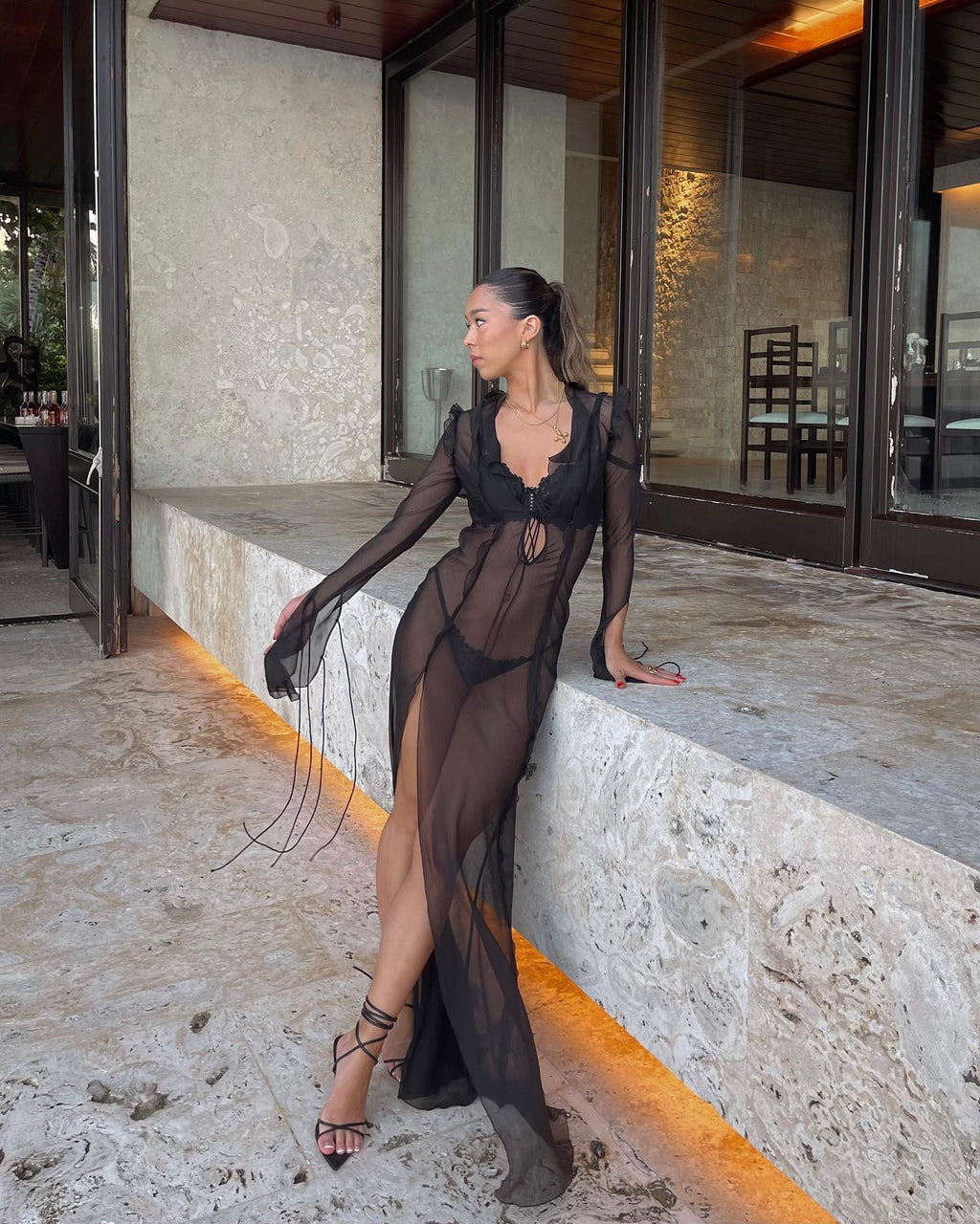 V-Neck Sheer Ruffled Drawstring Maxi Dress
