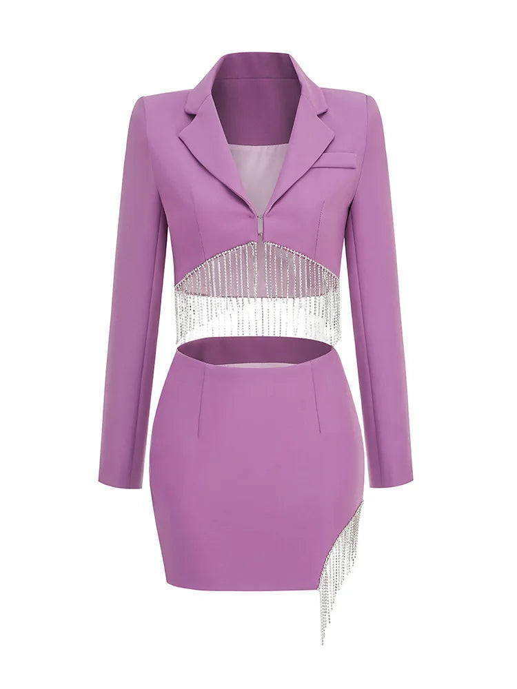 Purple Tassel Skirt Long Sleeve Jacket Mini Dress