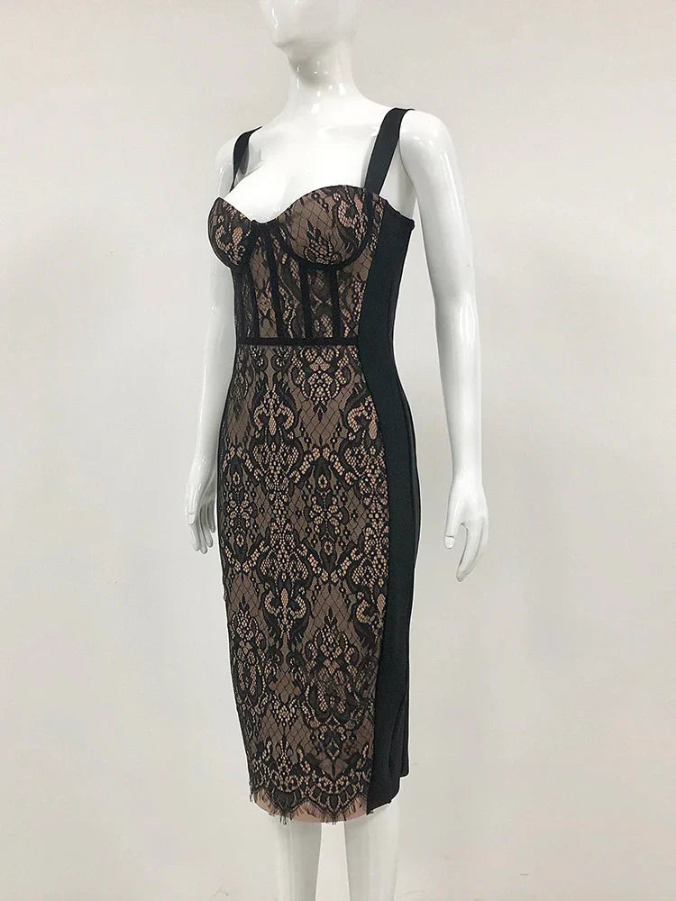 Black Lace Patchwork Elegant Midi Dress
