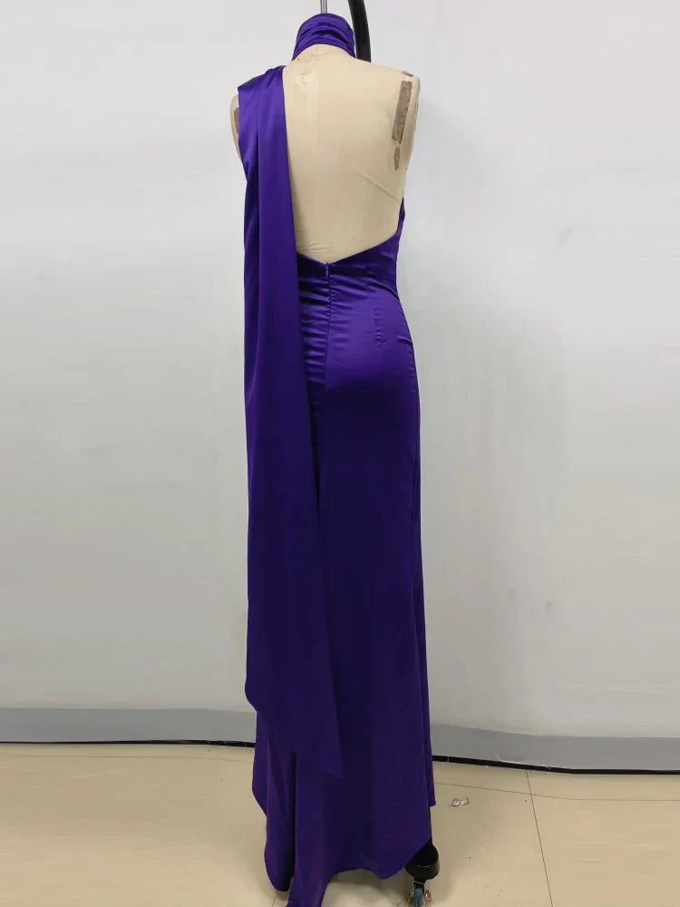 Purple Satin Halter Neck 3D Flower Maxi Dress